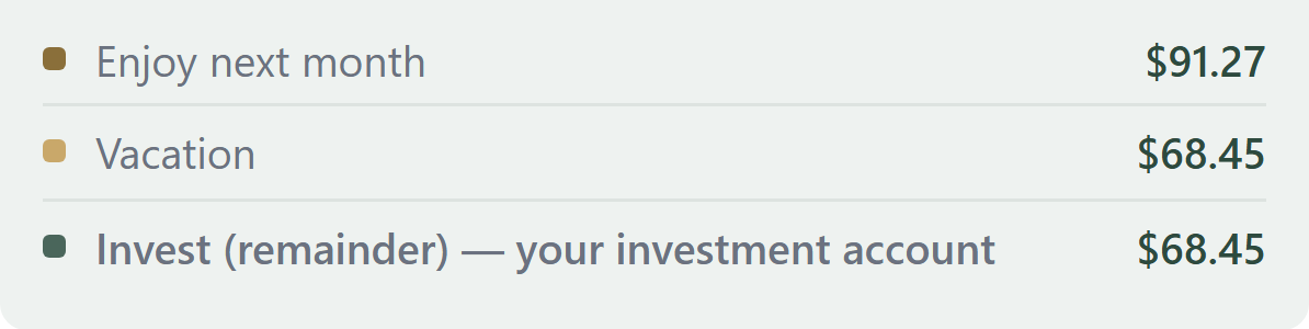 artisticAutonomy surplus split into enjoy next month, a Vacation fund and Invest